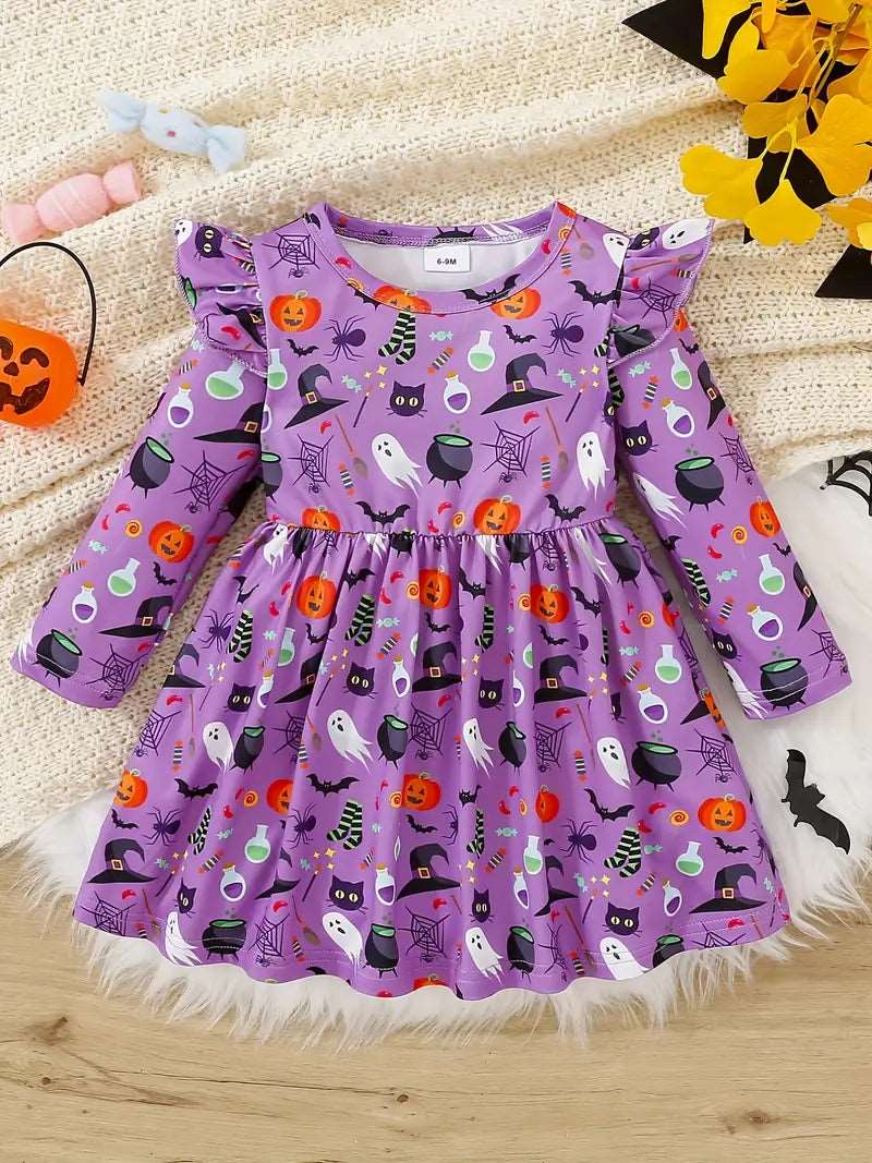 Nfin8 Spooky Spin - Long Sleeve Twirly Dress with Purple Ruffle Halloween Medley