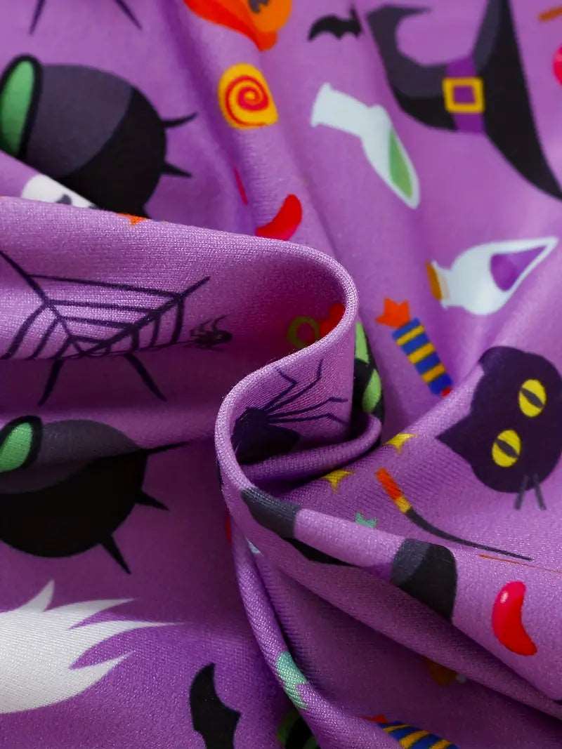 Nfin8 Spooky Spin - Long Sleeve Twirly Dress with Purple Ruffle Halloween Medley