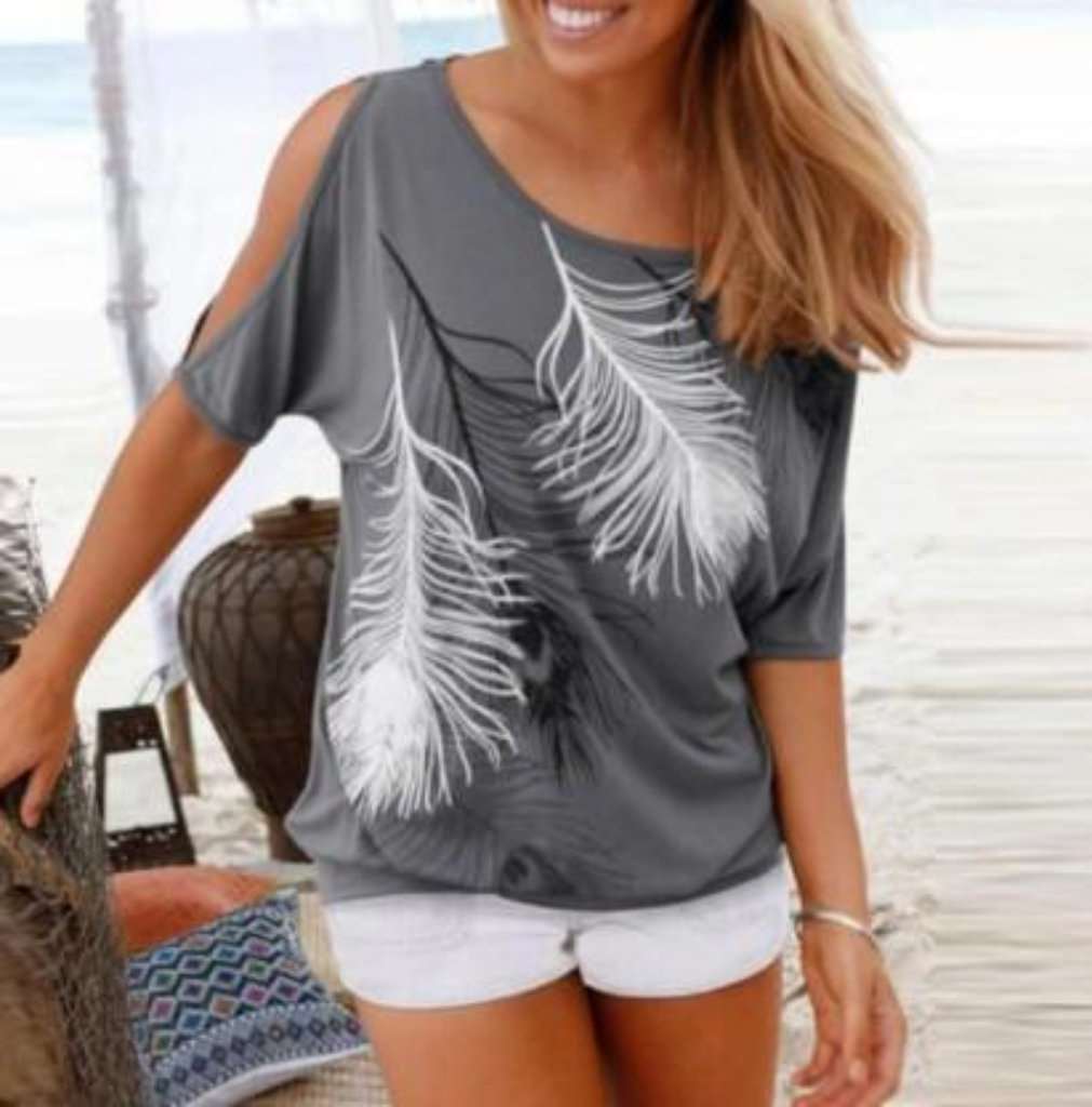 Nfin8 Breezy Elegance -  Shoulder T-Shirt with Feather Print