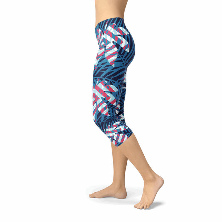 Nfin8 Azure Paradise Blue Tropical Leaf Capri Leggings