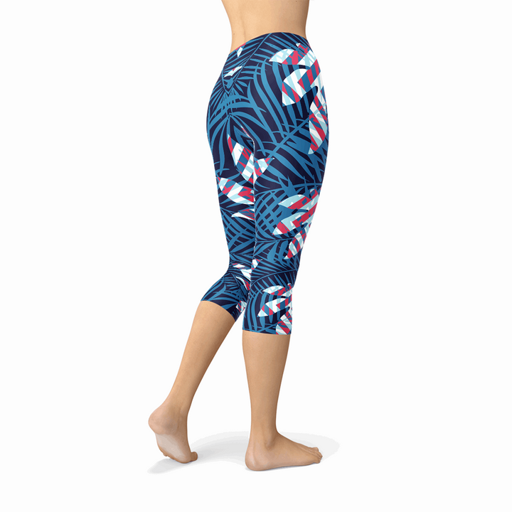 Nfin8 Azure Paradise Blue Tropical Leaf Capri Leggings